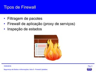 Tipos de Firewall
• Filtragem de pacotes
• Firewall de aplicação (proxy de serviços)
• Inspeção de estados
Segurança de Dados e Informações: Aula 5 - Firewall | Iptables
15/05/2016 Pág. 6
 