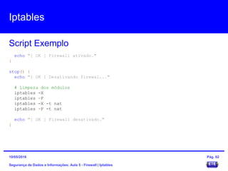 Iptables
Segurança de Dados e Informações: Aula 5 - Firewall | Iptables
Script Exemplo
15/05/2016 Pág. 62
echo "[ OK ] Firewall ativado."
}
stop() {
echo "[ OK ] Desativando firewal..."
# Limpeza dos módulos
iptables -X
iptables -F
iptables -X -t nat
iptables -F -t nat
echo "[ OK ] Firewall desativado."
}
 