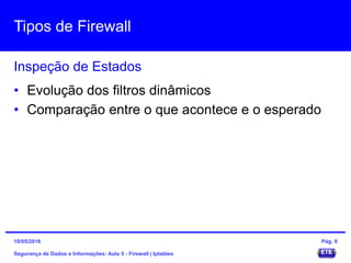 Tipos de Firewall
Segurança de Dados e Informações: Aula 5 - Firewall | Iptables
Inspeção de Estados
15/05/2016 Pág. 9
• Evolução dos filtros dinâmicos
• Comparação entre o que acontece e o esperado
 