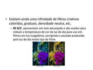 Existem ainda uma infinidade de filtros criativos coloridos, graduais, densidade neutra, etc.85 B/C: apresentam um tom alaranjado e são usados para reduzir a temperatura de cor da luz do dia para uso em filmes em luz tungstênio, corrigindo o azulado produzido pela luz do dia neste tipo de filme