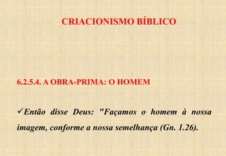 CRIACIONISMO BÍBLICO
6.2.5.4. A OBRA-PRIMA: O HOMEM
Então disse Deus: "Façamos o homem à nossa
imagem, conforme a nossa semelhança (Gn. 1.26).
 