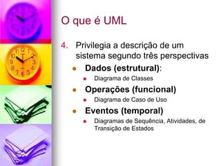 O que é UML

4. Privilegia a descrição de um
   sistema segundo três perspectivas
      Dados (estrutural):
        Diagrama de Classes
     Operações (funcional)
        Diagrama de Caso de Uso
     Eventos (temporal)
        Diagramas de Sequência, Atividades, de
        Transição de Estados
 