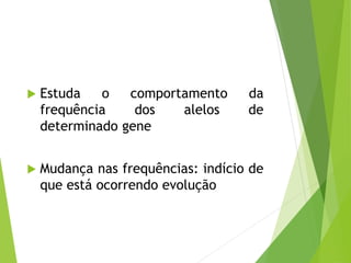  Estuda o comportamento da
frequência dos alelos de
determinado gene
 Mudança nas frequências: indício de
que está ocorrendo evolução
 
