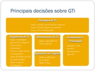 Principais decisões sobre GTi

                     - Qual o modelo operacional da empresa?
                     - Como a TI dará suporte ao modelo?
                     - Como a TI será financiada?


- Quais os principais
                             - Qual a capacidade de
  processos de negócio?
                               TI da empresa?
- Como eles se                                            - Quando e onde
  relacionam?                                               investir?
- Como os dados devem                                     - Quais projetos
  ser integrados?                                           aprovar?
- Quais atividades devem     - Quais as aplicações
  ser padronizadas?            necessárias?
- Quais as opções            - Make or Buy?
  tecnológicas?
 