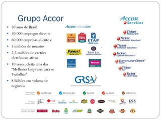 Grupo Accor
 30 anos de Brasil
 30.000 empregos diretos
 60.000 empresas-cliente e
 5 milhões de usuários
 2,5 milhões de cartões
   eletrônicos ativos
 10 vezes, eleita uma das
   “Melhores Empresas para se
   Trabalhar”
 8 Bilhões em volume de
   negócios
 