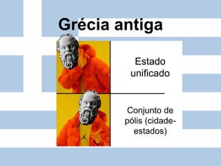 Grécia antiga
Estado
unificado
Conjunto de
pólis (cidade-
estados)
 