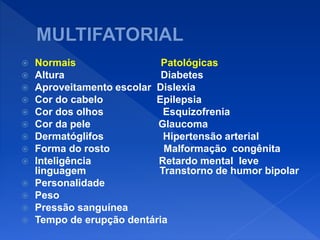  Normais Patológicas
 Altura Diabetes
 Aproveitamento escolar Dislexia
 Cor do cabelo Epilepsia
 Cor dos olhos Esquizofrenia
 Cor da pele Glaucoma
 Dermatóglifos Hipertensão arterial
 Forma do rosto Malformação congênita
 Inteligência Retardo mental leve
linguagem Transtorno de humor bipolar
 Personalidade
 Peso
 Pressão sanguínea
 Tempo de erupção dentária
 