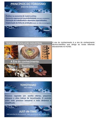 - Ênafase na economia de matéria-prima;
- Aumento exponencial da produtividade (estocava o excedente) ;
- Formação de trabalhadores altamente especializados;
- Implantação da linha de produção (esteira da linha de montagem).
PRINCÍPIOS DO FORDISMO
(FOCO NA MÁQUINA)
8
A Era do conhecimento
Toyotismo
A era do conhecimento é a era do conhecimento
técnico-científico que obriga as novas reformas
educacionais no mundo.
Processo regulado por tarefas diárias, pequenos
estoques e altos índices de terceirização. O controle
sobre todo processo industrial é mais dinâmico e
simplificado.
TOYOTISMO
PÓS-II GUERRA
JUST-IN-TIME
(vital numa fase de crise econômica - exigiu uma produção ágil e diversificada).
 