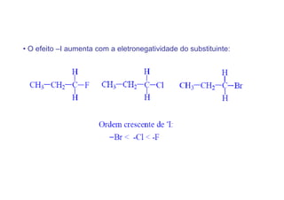 • O efeito –I aumenta com a eletronegatividade do substituinte:
 