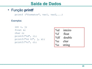 20
Saída de Dados
• Função printf
printf ("formatos", var1, var2,...)
Exemplos:
int i, j;
float x;
char c;
printf("%d", i);
printf("%d %f", j, x);
printf("%c", c);
%d inteiro
%f float
%lf double
%c char
%s string
 