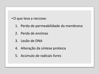 •O que leva a necrose:
1. Perda de permeabilidade da membrana
2. Perda de enzimas
3. Lesão de DNA
4. Alteração da síntese proteica
5. Acúmulo de radicais livres
 
