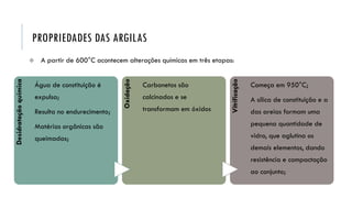 PROPRIEDADES DAS ARGILAS
 A partir de 600°C acontecem alterações químicas em três etapas:
Desidratação
química
Água de constituição é
expulsa;
Resulta no endurecimento;
Matérias orgânicas são
queimadas;
Oxidação
Carbonetos são
calcinados e se
transformam em óxidos
Vitrificação
Começa em 950°C;
A sílica de constituição e a
das areias formam uma
pequena quantidade de
vidro, que aglutina os
demais elementos, dando
resistência e compactação
ao conjunto;
 