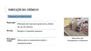Tratamento da matéria-prima
Misturador que
homogeneiza os elementos
FABRICAÇÃO DAS CERÂMICAS
Depuração
Eliminação das impurezas (grãos duros, nódulos
de cal, sais solúveis)
Divisão Redução a fragmentos pequenos
Homogene
ização Mistura entre os componentes (argila e
desengordurantes)
 