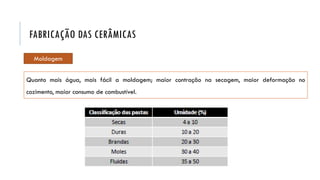Moldagem
Quanto mais água, mais fácil a moldagem; maior contração na secagem, maior deformação no
cozimento, maior consumo de combustível.
FABRICAÇÃO DAS CERÂMICAS
 