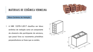 Bloco Cerâmico de Vedação
• A NBR 15270-1:2017 classifica em bloco
cerâmico de vedação como um componente
de alvenaria não participante da estrutura,
que possui furos ou vazamentos prismáticos
perpendiculares as faces que os contém.
MATERIAIS DE CERÂMICA VERMELHA
 