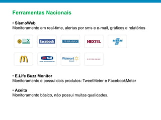 Ferramentas Nacionais
• SismoWeb
Monitoramento em real-time, alertas por sms e e-mail, gráficos e relatórios




• E.Life Buzz Monitor
Monitoramento e possui dois produtos: TweetMeter e FacebookMeter

• Aceita
Monitoramento básico, não possui muitas qualidades.
 