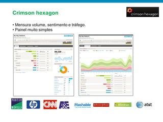 Crimson hexagon

• Mensura volume, sentimento e tráfego.
• Painel muito simples
 