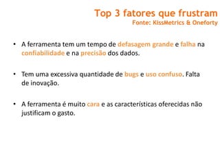 Top 3 fatores que frustram
                                       Fonte: KissMetrics & Oneforty


• A ferramenta tem um tempo de defasagem grande e falha na
  confiabilidade e na precisão dos dados.

• Tem uma excessiva quantidade de bugs e uso confuso. Falta
  de inovação.

• A ferramenta é muito cara e as características oferecidas não
  justificam o gasto.
 