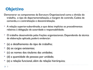 Objetivo
Demonstrar os componentes da Estrutura Organizacional como a divisão do
trabalho, o tipo de departamentalização, a margem de controle, Cadeia de
comando, e a centralização e descentralização.
 A relação superior-subordinado, o que deixa implícito os procedimentos
relativos à delegação de autoridade e responsabilidade;
 O trabalho desenvolvido pelas frações organizacionais. Dependendo da técnica
de elaboração aplicada, poderá evidenciar:
 (a) o detalhamento do tipo de trabalho;
 (b) os cargos existentes;
 (c) os nomes dos titulares das unidades;
 (d) a quantidade de pessoas por unidade;
 (e) a relação funcional, além da relação hierárquica;
3
 