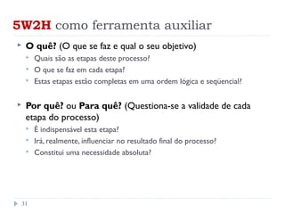 31
 O quê? (O que se faz e qual o seu objetivo)
 Quais são as etapas deste processo?
 O que se faz em cada etapa?
 Estas etapas estão completas em uma ordem lógica e seqüencial?
 Por quê? ou Para quê? (Questiona-se a validade de cada
etapa do processo)
 É indispensável esta etapa?
 Irá, realmente, influenciar no resultado final do processo?
 Constitui uma necessidade absoluta?
5W2H como ferramenta auxiliar
 
