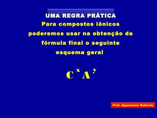 UMA REGRA PRÁTICA
Para compostos iônicos
poderemos usar na obtenção da
fórmula final o seguinte
esquema geral
C A
x y
Prof. Agamenon Roberto
 