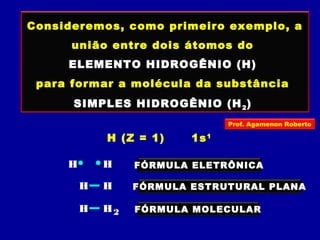 Consideremos, como primeiro exemplo, a
união entre dois átomos do
ELEMENTO HIDROGÊNIO (H)
para formar a molécula da substância
SIMPLES HIDROGÊNIO (H2)
H H
H H
FÓRMULA ELETRÔNICA
2H H
FÓRMULA ESTRUTURAL PLANA
FÓRMULA MOLECULAR
H (Z = 1) 1s1
Prof. Agamenon Roberto
 
