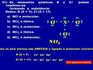 01) Os elementos químicos N e Cl podem
combinar-se
formando a substância:
Dados: N (Z = 7); Cl (Z = 17)
a) NCl e molecular.
b) NCl2 e iônica.
c) NCl2 e molecular.
d) NCl3 e iônica.
e) NCl3 e molecular.
omo os dois átomos são AMETAIS a ligação é molecular (covalen
Cl (Z = 17) 1s2
2s2
2p6
3s2
3p5
N (Z = 7) 1s2
2s2
2p3
NCl
Cl
Cl
NCl3
Prof. Agamenon Roberto
 