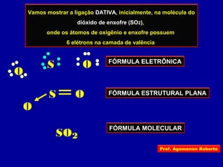 Vamos mostrar a ligação DATIVA, inicialmente, na molécula do
dióxido de enxofre (SO2),
onde os átomos de oxigênio e enxofre possuem
6 elétrons na camada de valência
S O
O
S O
O
FÓRMULA ELETRÔNICA
FÓRMULA ESTRUTURAL PLANA
SO2
FÓRMULA MOLECULAR
Prof. Agamenon Roberto
 