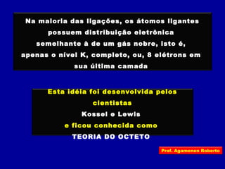 Na maioria das ligações, os átomos ligantes
possuem distribuição eletrônica
semelhante à de um gás nobre, isto é,
apenas o nível K, completo, ou, 8 elétrons em
sua última camada
Esta idéia foi desenvolvida pelos
cientistas
Kossel e Lewis
e ficou conhecida como
TEORIA DO OCTETO
Prof. Agamenon Roberto
 