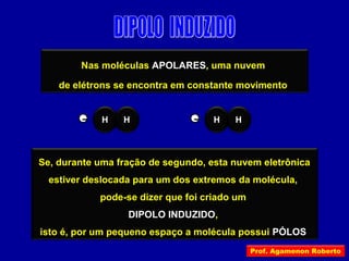 Nas moléculas APOLARES, uma nuvem
de elétrons se encontra em constante movimento
H H– H H –
Se, durante uma fração de segundo, esta nuvem eletrônica
estiver deslocada para um dos extremos da molécula,
pode-se dizer que foi criado um
DIPOLO INDUZIDO,
isto é, por um pequeno espaço a molécula possui PÓLOS
Prof. Agamenon Roberto
 