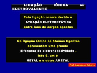LIGAÇÃO IÔNICA ou
ELETROVALENTE
Esta ligação ocorre devido à
ATRAÇÃO ELETROSTÁTICA
entre íons de cargas opostas
Na ligação iônica os átomos ligantes
apresentam uma grande
diferença de eletronegatividade ,
isto é, um é
METAL e o outro AMETAL
Prof. Agamenon Roberto
 