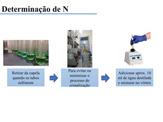 Determinação de N
Retirar da capela
quando os tubos
esfriarem
Para evitar ou
minimizar o
processo de
cristalização
Adicionar aprox. 10
ml de água destilada
e misturar no vórtex
 