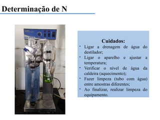 Determinação de N
Cuidados:
- Ligar a drenagem de água do
destilador;
- Ligar o aparelho e ajustar a
temperatura;
- Verificar o nível de água da
caldeira (aquecimento);
- Fazer limpeza (tubo com água)
entre amostras diferentes;
- Ao finalizar, realizar limpeza do
equipamento.
 