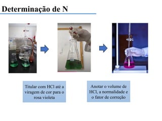 Determinação de N
Titular com HCl até a
viragem de cor para o
rosa violeta
Anotar o volume de
HCl, a normalidade e
o fator de correção
 