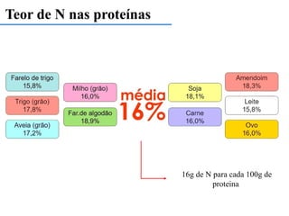 Teor de N nas proteínas
16g de N para cada 100g de
proteina
 