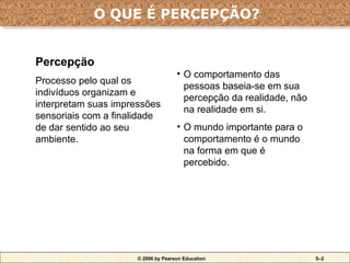 © 2006 by Pearson Education 5–2
• O comportamento das
pessoas baseia-se em sua
percepção da realidade, não
na realidade em si.
• O mundo importante para o
comportamento é o mundo
na forma em que é
percebido.
Percepção
Processo pelo qual os
indivíduos organizam e
interpretam suas impressões
sensoriais com a finalidade
de dar sentido ao seu
ambiente.
O QUE É PERCEPÇÃO?
 
