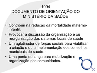 1994
DOCUMENTO DE ORIENTAÇÃO DO
MINISTÉRIO DA SAÚDE
• Contribuir na redução da mortalidade materno-
infantil.
• Provocar a discussão da organização e ou
reorganização dos sistemas locais de saúde
• Um aglutinador de forças sociais para viabilizar
a criação e ou a implementação dos conselhos
municipais de saúde.
• Uma ponta de lança para mobilização e
organização das comunidades.
 