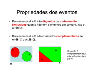 Propriedades dos eventos
• Dois eventos A e B são disjuntos ou mutuamente
  exclusivos quanto não têm elementos em comum. Isto é
  AB=.

• Dois eventos A e B são chamados complementares se
  AB= e AB=Ω.


    A                            B       O evento B
              B                          complementar de A
                                         é também denotado
                       A                 por Ac

Ω                                    Ω
 