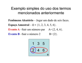 Exemplo simples do uso dos termos
     mencionados anteriormente
Fenômeno Aleatório – Jogar um dado de seis faces.
Espaço Amostral – Ω = {1, 2, 3, 4, 5, 6}.
Evento A –Sair um número par      A={2, 4, 6}.
Evento B –Sair o número 2            B={2}.


                    1 3 5
                    2 4 6
                                 Ω
 