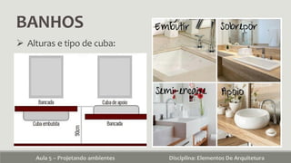 BANHOS
Aula 5 – Projetando ambientes Disciplina: Elementos De Arquitetura
 Alturas e tipo de cuba:
 