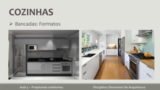 COZINHAS
Aula 5 – Projetando ambientes Disciplina: Elementos De Arquitetura
 Bancadas: Formatos
 