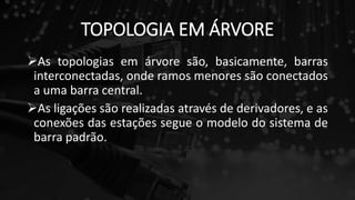 TOPOLOGIA EM ÁRVORE
As topologias em árvore são, basicamente, barras
interconectadas, onde ramos menores são conectados
a uma barra central.
As ligações são realizadas através de derivadores, e as
conexões das estações segue o modelo do sistema de
barra padrão.
 