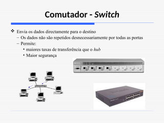 Comutador - Switch
 Envia os dados directamente para o destino
– Os dados não são repetidos desnecessariamente por todas as portas
– Permite:
• maiores taxas de transferência que o hub
• Maior segurança
 