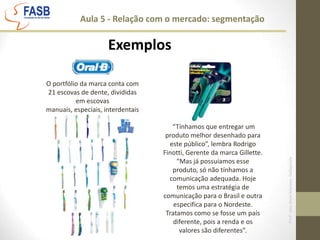 Aula 5 - Relação com o mercado: segmentaçãoExemplosO portfólio da marca conta com 21 escovas de dente, divididas em escovas manuais, especiais, interdentais e elétricas. “Tínhamos que entregar um produto melhor desenhado para este público”, lembra Rodrigo Finotti, Gerente da marca Gillette. “Mas já possuíamos esse produto, só não tínhamos a comunicação adequada. Hoje temos uma estratégia de comunicação para o Brasil e outra especifica para o Nordeste. Tratamos como se fosse um país diferente, pois a renda e os valores são diferentes”.