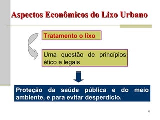 Aspectos Econômicos do Lixo Urbano Tratamento o lixo Uma questão de princípios ético e legais Proteção da saúde pública e do meio ambiente, e para evitar desperdício. 