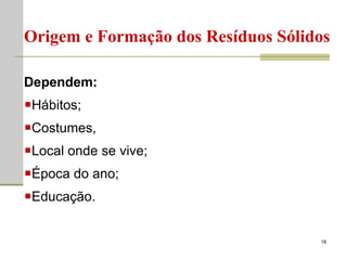 Origem e Formação dos Resíduos Sólidos Dependem: Hábitos; Costumes, Local onde se vive; Época do ano; Educação. 