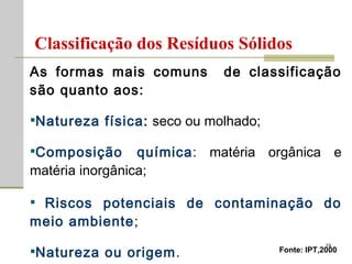 Classificação dos Resíduos Sólidos As formas mais comuns  de classificação são quanto aos: Natureza física :  seco ou molhado; Composição química : matéria orgânica e matéria inorgânica; Riscos potenciais de contaminação do meio ambiente ; Natureza ou origem . Fonte: IPT,2000 