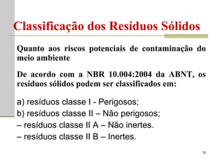Quanto aos riscos potenciais de contaminação do meio ambiente De acordo com a NBR 10.004:2004 da ABNT, os resíduos sólidos podem ser classificados em: a) resíduos classe I - Perigosos; b) resíduos classe II – Não perigosos; –  resíduos classe II A – Não inertes. –  resíduos classe II B – Inertes. Classificação dos Resíduos Sólidos 