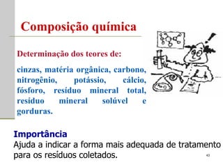 Composição química Determinação dos teores de:  cinzas, matéria orgânica, carbono, nitrogênio, potássio, cálcio, fósforo, resíduo mineral total, resíduo mineral solúvel e gorduras. Importância Ajuda a indicar a forma mais adequada de tratamento para os resíduos coletados. 