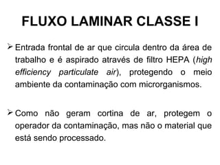 FLUXO LAMINAR CLASSE I
 Entrada frontal de ar que circula dentro da área de
trabalho e é aspirado através de filtro HEPA (high
efficiency particulate air), protegendo o meio
ambiente da contaminação com microrganismos.
 Como não geram cortina de ar, protegem o
operador da contaminação, mas não o material que
está sendo processado.
 